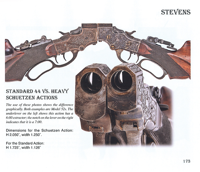 An example of one of the Stevens Model 44 Schuetzen rifle showing the comparison between a standard 44 action and the Heavy Schuetzen Action.